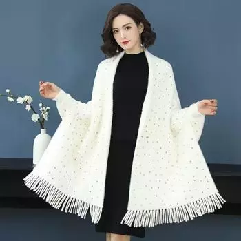 Женская шаль куртка осень-зима пайетки шарф двойного назначения с рукавами вязаный свитер накидка плащ свитер кардиган one size белый
