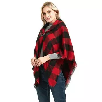 Женская шаль на весну, осень и зиму, клетчатая накидка с пряжкой и лацканами, шаль в клетку красный