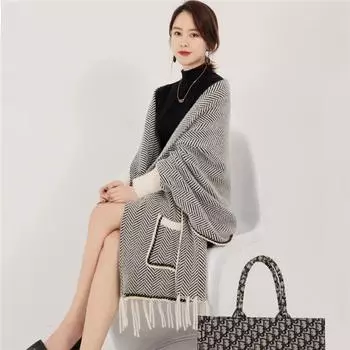 Женская шаль с рукавами, весенне-осенняя модная шуба средней длины из искусственной норки, толстый шарф, свободное женское пончо двойного назначения One Size чёрный