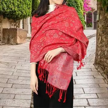 Женская шаль с жаккардовым принтом в виде цветка и растений, шарф с кисточками, весна-осень 200cm темно-зеленого