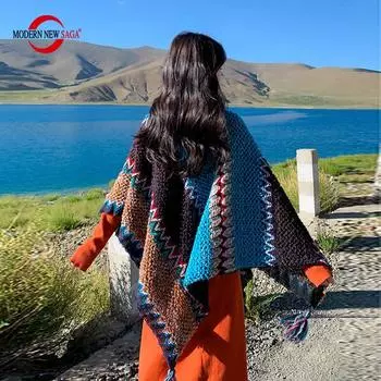 Женская шаль, СОВРЕМЕННАЯ НОВАЯ SAGA, весенний шерстяной шарф, вязаный кардиган, шерстяные палантины, осенне-зимние женские шали, вязанный палантин One Size синий