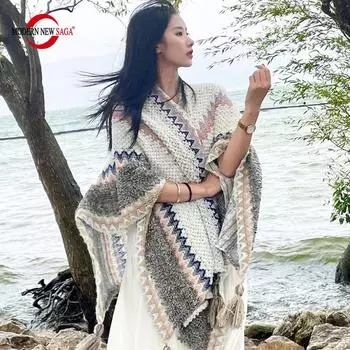 Женская шаль, СОВРЕМЕННАЯ НОВАЯ SAGA, весенний шерстяной шарф, вязаный кардиган, шерстяные палантины, осенне-зимние женские шали, вязанный палантин One Size серый
