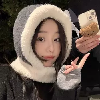 Женская шапка-балаклава 2024 года, новая зимняя шапка с шарфом, теплая ветрозащитная утолщенная флисовая шапка-пуловер M (56-58cm) BOai Rafa hat серый