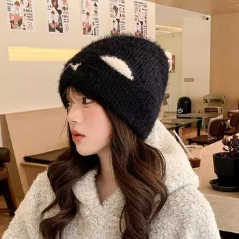 Женская шапка Beanie Knitting Cat Graphic Winter Hip Hop Harajuku Streetwear Black Esthetic Unisex Hat Осень и зима M56-58cm
