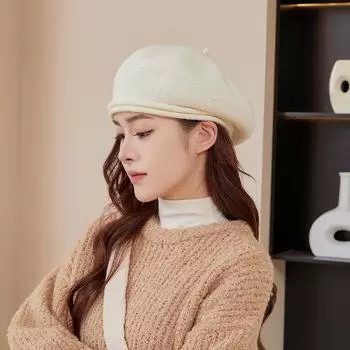 Женская шапка-берет на осень и зиму, однотонная вязаная шерстяная шапка, теплая, толстая, мягкая, винтажная, премиум-класса average size чёрный