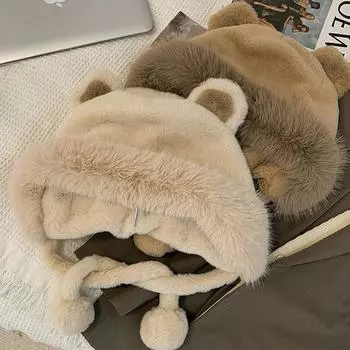 Женская шапка для холодной погоды, женская плюшевая шапка, мягкая нечеткая женская плюшевая шапка с милыми медвежьими ушками, ветрозащитная, теплая на осень бежевый