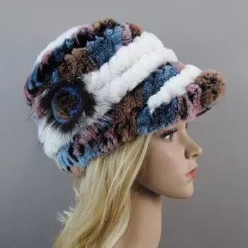 Женская шапка из 100% натурального меха кролика Рекс, зимняя теплая шапка из меха кролика Рекс, вязаная женская полосатая и цветочная шапка из натурального меха кролика Рекс