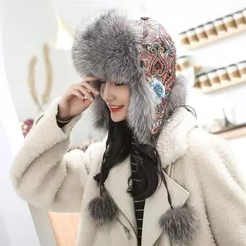 Женская шапка из натурального лисьего меха, пушистая новинка 2022 года, лыжная шапка-ловец для пилота, лыжная шапка с наушниками, зимняя меховая шапка-пилот One Size белый