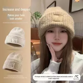 Женская шапка из плотной шерсти для большой головы — теплая, свободная вязка с ушами для осени и зимы stacked hat чёрный