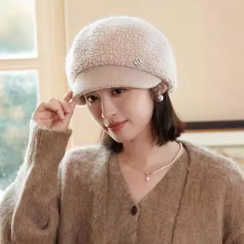 Женская шапка Jiayi, осенне-зимняя шапка с утиным язычком и толстым бархатом, теплая защита ушей, велосипедная шапка из овечьего бархата для женщин One size (50-60cm) белый