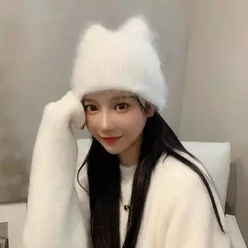 Женская шапка осень и зима милая и симпатичная вязаная шапка из кроличьей шерсти шапка кошачьи ушки Tide теплая шапка one size жёлтый