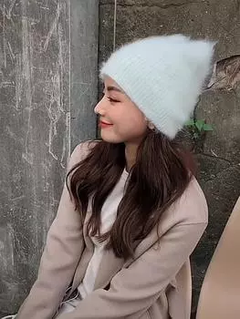 Женская шапка осень и зима милая и симпатичная вязаная шапка из кроличьей шерсти шапка кошачьи ушки Tide теплая шапка one size чёрный