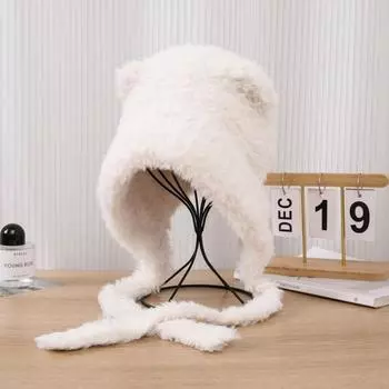 Женская шапка осень/зима 2024 года с милыми медвежьими ушками и мохнатой шеей, большая окружность головы, теплая шерстяная плюшевая шапка Lei Feng one size белый