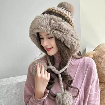 Женская шапка Осень/Зима Мультяшная Милая Пушистая Шапка Уличная Шапка Защита от Холода Теплая Вязаная Шапка хаки