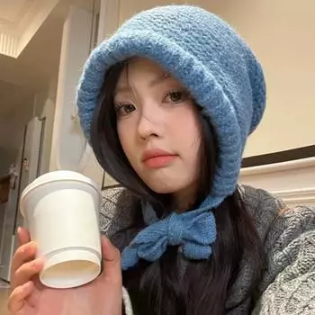 Женская шапка осенне-зимняя теплая японская вязаная шапка с ворсом ветрозащитная бежевый