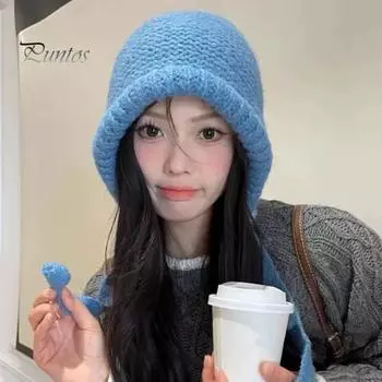 Женская шапка осенне-зимняя теплая японская вязаная шапка с ворсом ветрозащитная толстая защита ушей пуловер Gorro Bonnet серый
