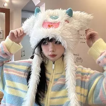 Женская шапка, пушистая, милая, маленькая, монстр, шапка, женская, новая, плюшевая, зимняя, теплая, холодная, защитная, с ушами, шерстяная шапка one Size