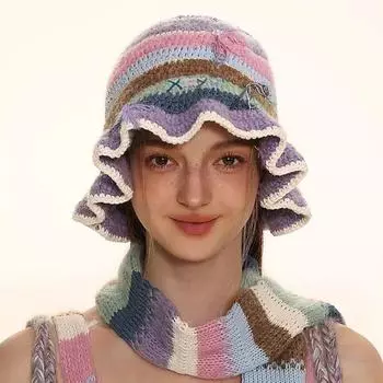 Женская шапка в стиле ретро, вязаная из хлопковой нити, весна-лето, крючком, кисточкой, бантом, полосатая, контрастного цвета 56-58cm фиолетовый