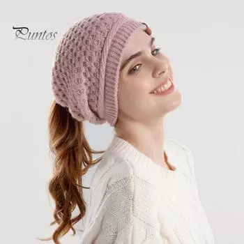 Женская шапка, вязанная, плотная, с отверстием для хвоста, однотонная, сохраняющая тепло, эластичная, для защиты ушей, для кемпинга, путешествий, катания на коньках, головной убор бежевый