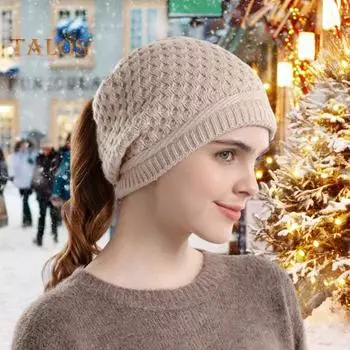 Женская шапка, вязанная, плотная, с отверстием для хвоста, однотонная, сохраняющая тепло, эластичная, для защиты ушей, для кемпинга, путешествий, катания на коньках, головной убор розовый