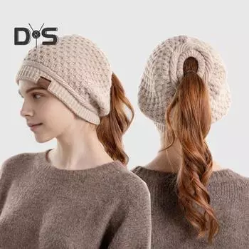 Женская шапка, вязанная, плотная, с отверстием для хвоста, однотонная, сохраняющая тепло, эластичная, для защиты ушей, для кемпинга, путешествий, катания на коньках, головной убор розовый