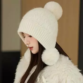 Женская шапка зимняя шапка бини толстая теплая три меховых помпона лыжная шапка-ушанка женская однотонная вязаная шапка бини