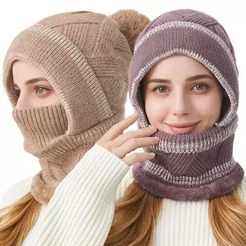 Женская шапка зимняя толстая сшитая вязаная шапка шарф вязаная флисовая теплая шапка чёрный