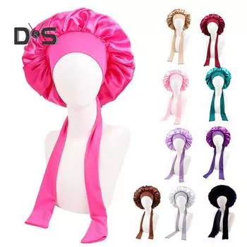 Женская шапочка для душа, атласная шапочка для сна, однотонная, регулируемая, со шнуровкой, бантом, водонепроницаемая, высокой плотности, женская, кудрявая, ночная шапочка для салона красоты озеро синий