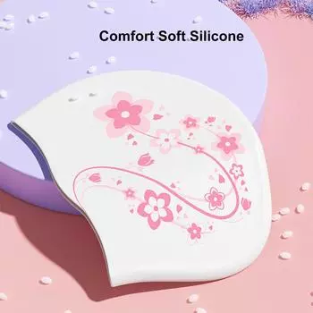 Женская шапочка для плавания, эластичная силиконовая водонепроницаемая шапочка для защиты ушей, шапочка для плавания и бассейна с цветочным принтом, спортивные шапочки для плавания для девочек и женщин белый