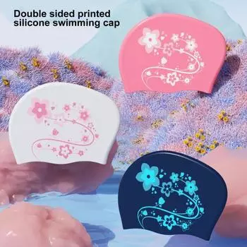 Женская шапочка для плавания, эластичная силиконовая водонепроницаемая шапочка для защиты ушей, шапочка для плавания и бассейна с цветочным принтом, спортивные шапочки для плавания для девочек и женщин синий