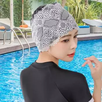 Женская шапочка для плавания с кружевным цветком, водонепроницаемое покрытие из искусственной кожи, шапка для бассейна, защита длинных волос, уши, аксессуары для плавания чёрный