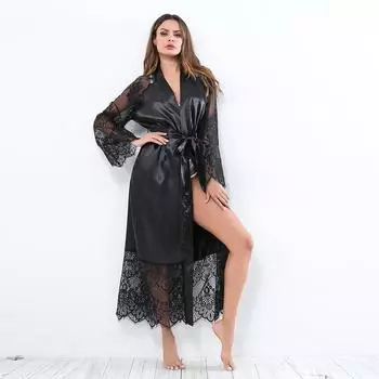 Женская шелковая атласная ночная рубашка с длинным рукавом и V-образным вырезом, сексуальное женское белье, пижама, кружевное платье, ночная рубашка, пижама, атласный ночной халат XL белый
