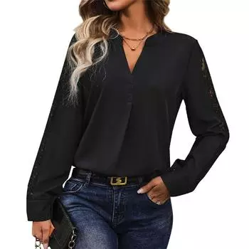 Женская шелковая блузка с V-образным вырезом и длинными рукавами, однотонная кружевная рубашка L чёрный
