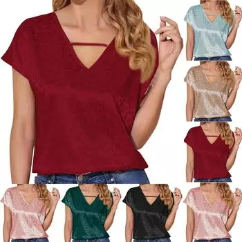 Женская шелковая летняя атласная рубашка с v-образным вырезом и короткими рукавами с принтом L чёрный