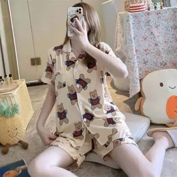 Женская шелковая пижама из двух частей, повседневная, милая, удобная, домашняя одежда, комплект женской ночной одежды, одежда для отдыха, принт с изображением жирафов из мультфильмов M