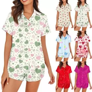 Женская шелковая пижама на пуговицах, домашняя одежда с принтом в виде сердца, с короткими рукавами, атласный пижамный комплект из 2 предметов L бежевый
