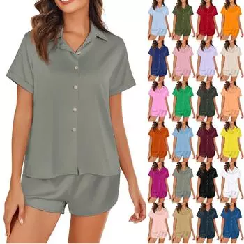 Женская шелковая пижама с коротким рукавом из сатина, комплект из 2 предметов, домашняя одежда на пуговицах L армия зеленый