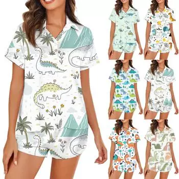 Женская шелковая пижама с пуговицами, домашняя одежда, принт со звездами, короткий рукав, атласный пижамный комплект из 2 предметов L бежевый