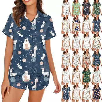 Женская шелковая пижама с пуговицами, домашняя одежда, принт со звездами, короткий рукав, атласный пижамный комплект из 2 предметов S шафрановый