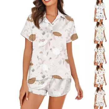 Женская шелковая пижама с пуговицами, домашняя одежда, принт со звездами, короткий рукав, атласный пижамный комплект из 2 предметов L бирюзовый