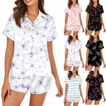 Женская шелковая пижама с пуговицами, домашняя одежда с цветочным принтом, короткий рукав, атласный пижамный комплект из 2 предметов L чёрный