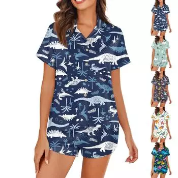Женская шелковая пижама с пуговицами, домашняя одежда, принт со звездами, короткий рукав, атласный пижамный комплект из 2 предметов L циан