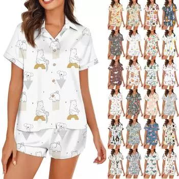 Женская шелковая пижама с пуговицами, домашняя одежда, принт со звездами, короткий рукав, атласный пижамный комплект из 2 предметов M зелёный