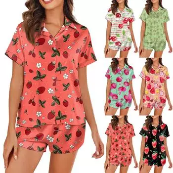 Женская шелковая пижама с пуговицами, домашняя одежда, принт со звездами, короткий рукав, атласный пижамный комплект из 2 предметов L чёрный