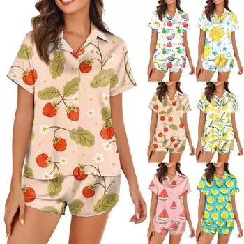 Женская шелковая пижама с пуговицами, домашняя одежда, принт со звездами, короткий рукав, атласный пижамный комплект из 2 предметов L зелёный