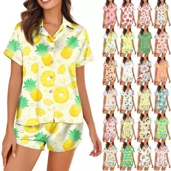 Женская шелковая пижама с пуговицами, домашняя одежда, принт со звездами, короткий рукав, атласный пижамный комплект из 2 предметов M