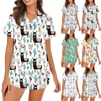 Женская шелковая пижама с пуговицами, домашняя одежда, принт со звездами, короткий рукав, атласный пижамный комплект из 2 предметов M