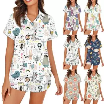 Женская шелковая пижама с пуговицами, домашняя одежда, принт со звездами, короткий рукав, атласный пижамный комплект из 2 предметов L чёрный