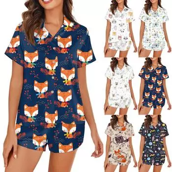 Женская шелковая пижама с пуговицами, домашняя одежда, принт со звездами, короткий рукав, атласный пижамный комплект из 2 предметов L зелёный