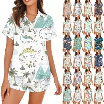 Женская шелковая пижама с пуговицами, домашняя одежда, принт со звездами, короткий рукав, атласный пижамный комплект из 2 предметов L чёрный